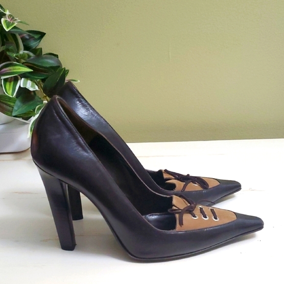 Valentino Garavani | Brown Leather and Suede Pumps with Laces Sz 37 - Picture 7 of 11